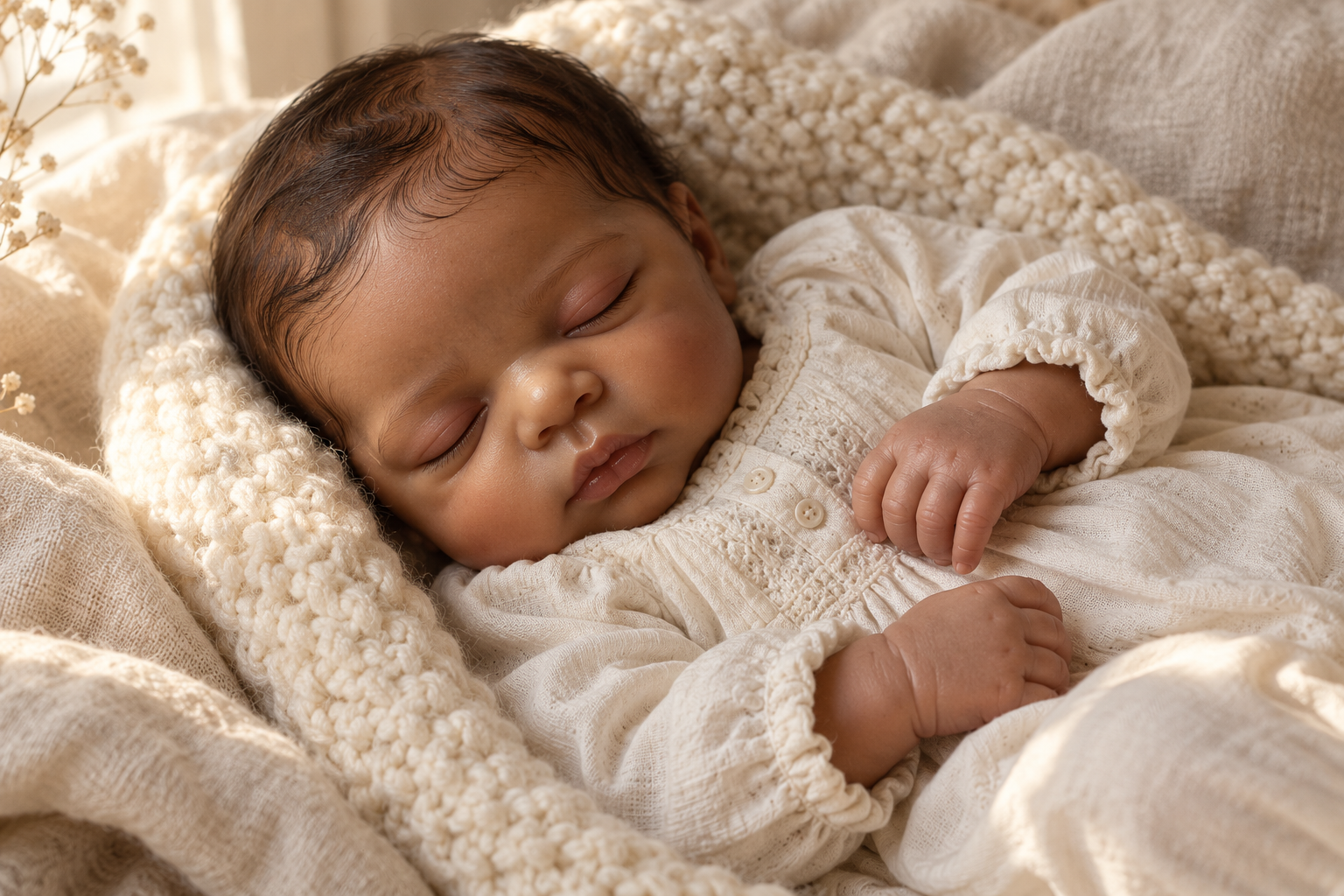 Illustrative silicone reborn doll with hand-painted details, resting in ivory knitwear