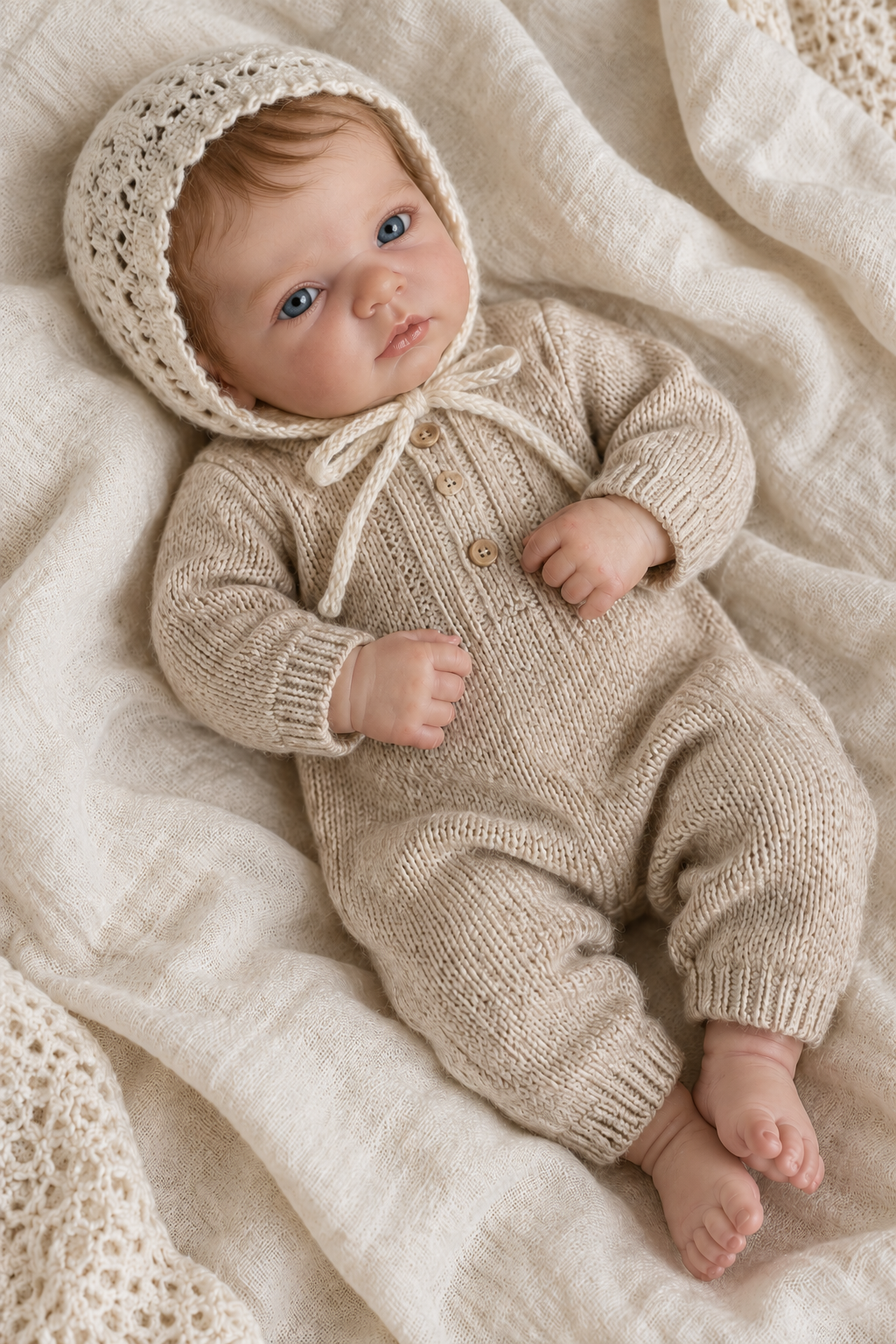 Illustrative vinyl reborn doll in an oatmeal knit romper and bonnet